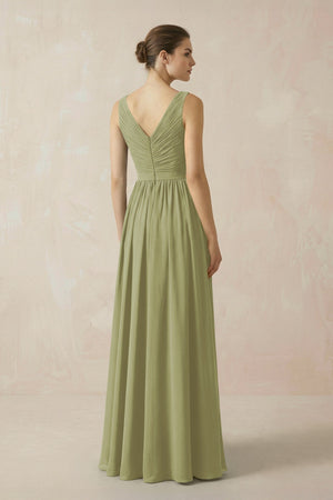 A-Line V-Neck Pleated Chiffon Bridesmaid Dress in Moss Green - SHE IS ME BRIDESMAID DRESSES