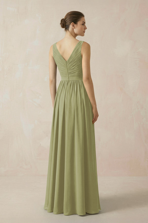 A-Line V-Neck Pleated Chiffon Bridesmaid Dress in Moss Green - SHE IS ME BRIDESMAID DRESSES