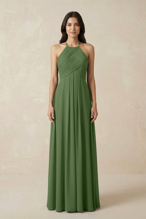 A-Line Halter Neck Pleated Chiffon Bridesmaid Dress in Moss - KISS BRIDAL BRIDESMAID DRESSES