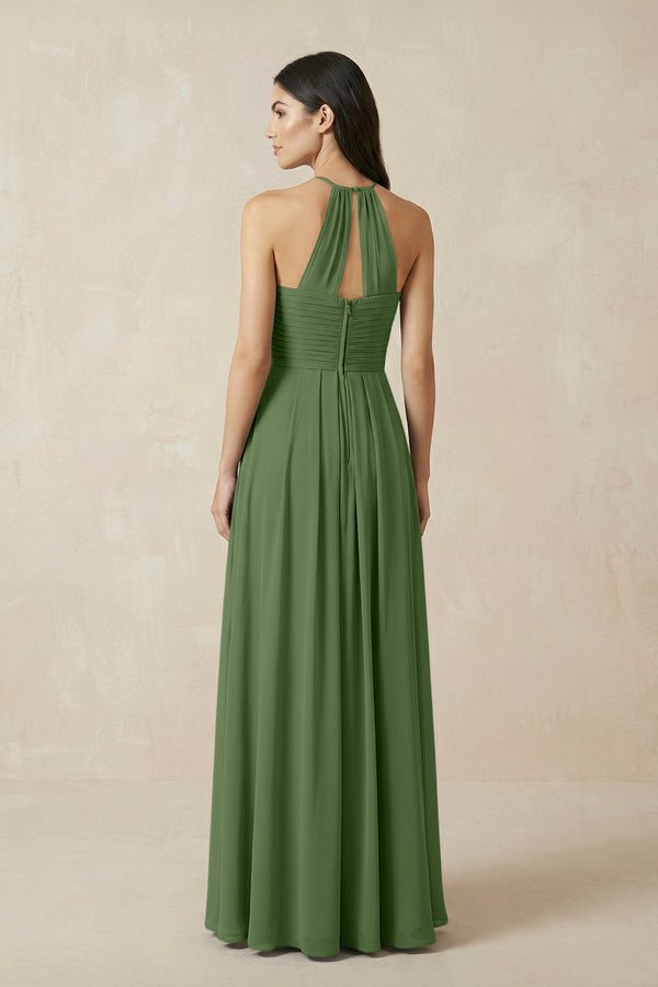 A-Line Halter Neck Pleated Chiffon Bridesmaid Dress in Moss - KISS BRIDAL BRIDESMAID DRESSES