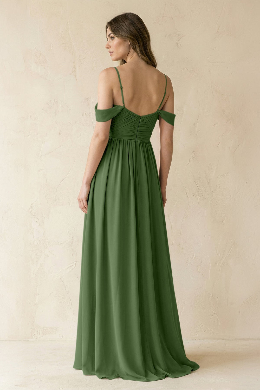 A-Line Off-the-Shoulder Pleated Chiffon Bridesmaid Dress in Moss - KISS BRIDAL BRIDESMAID DRESSES