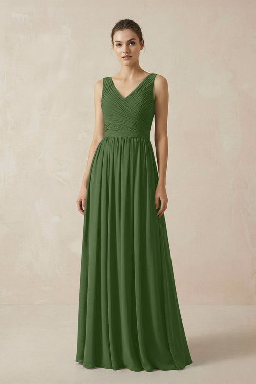 A-Line V-Neck Pleated Chiffon Bridesmaid Dress in Moss - SHE IS ME BRIDESMAID DRESSES
