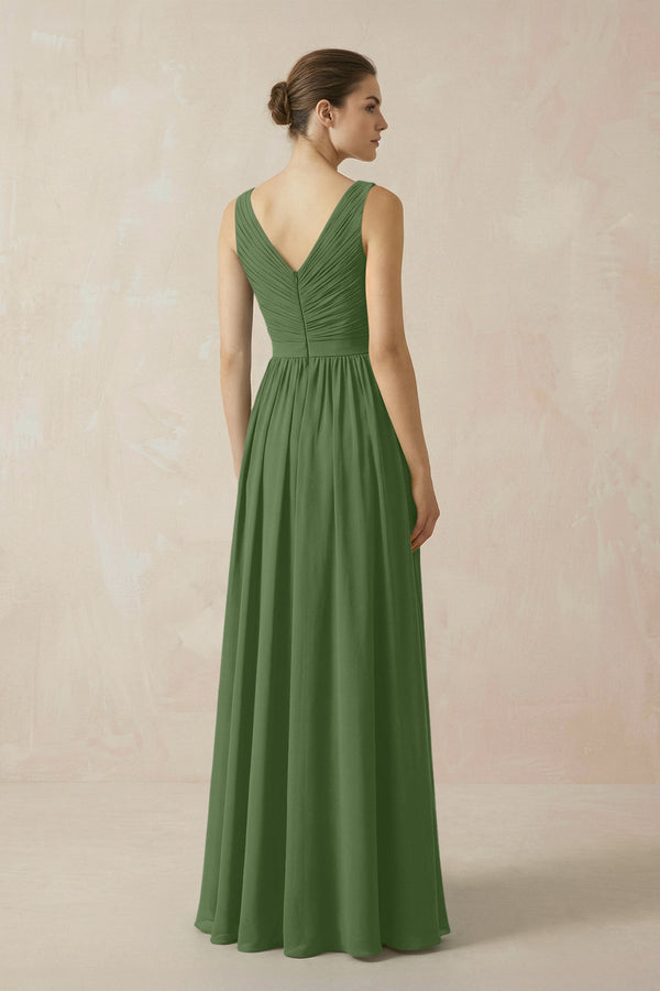 A-Line V-Neck Pleated Chiffon Bridesmaid Dress in Moss - SHE IS ME BRIDESMAID DRESSES