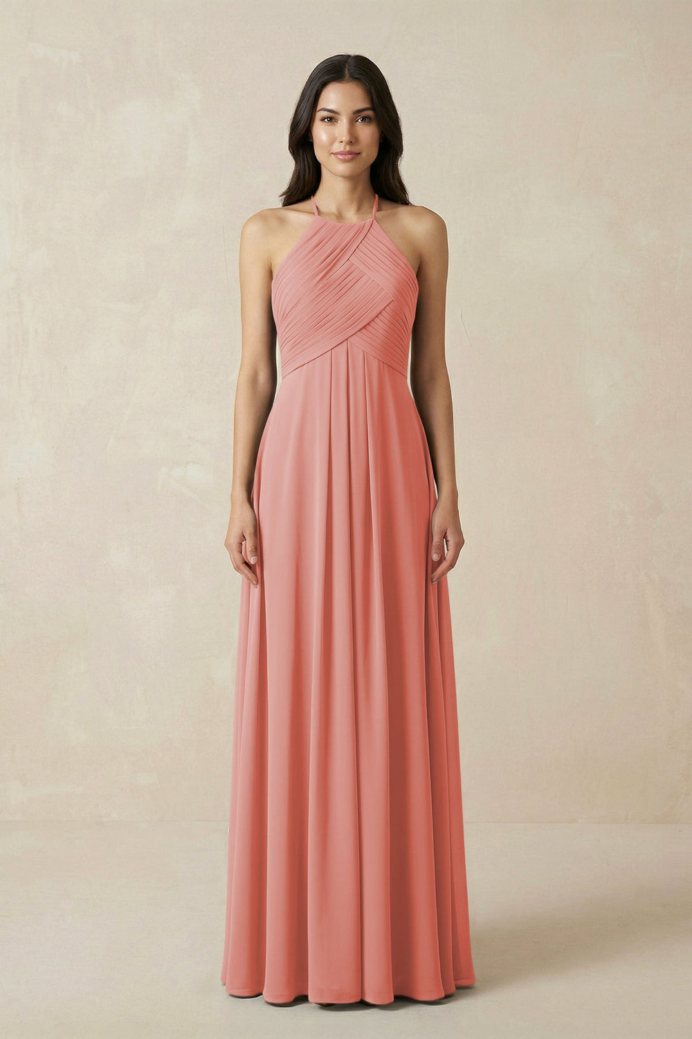 A-Line Halter Neck Pleated Chiffon Bridesmaid Dress in Mulberry - KISS BRIDAL BRIDESMAID DRESSES