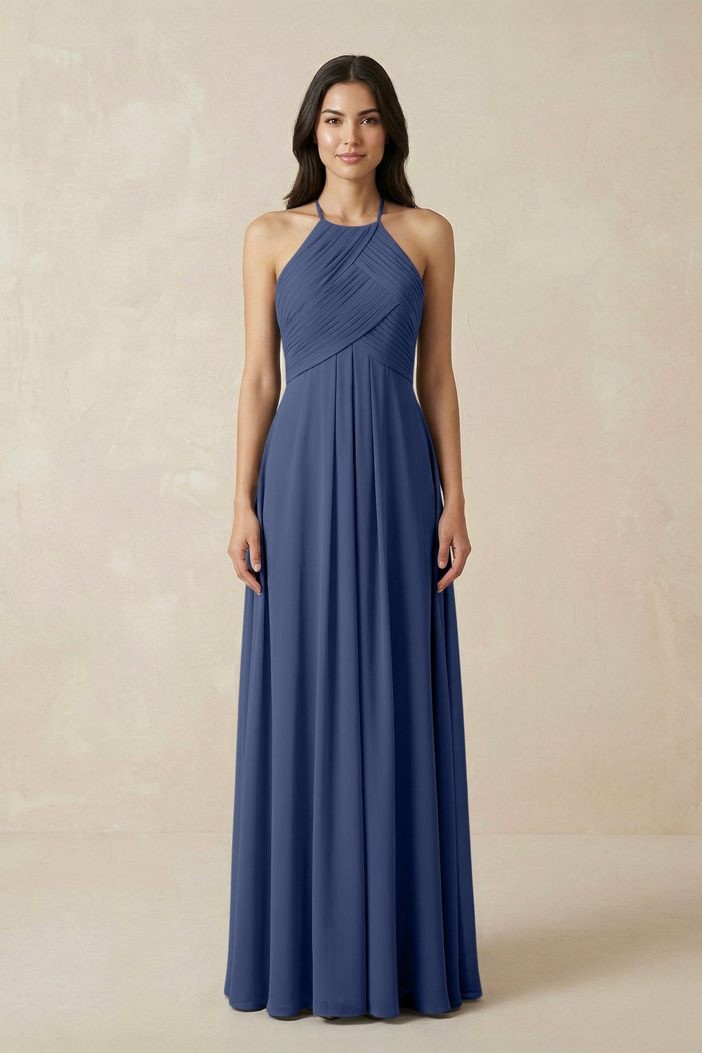 A-Line Halter Neck Pleated Chiffon Bridesmaid Dress in Navy - KISS BRIDAL BRIDESMAID DRESSES