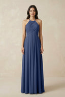 A-Line Halter Neck Pleated Chiffon Bridesmaid Dress in Navy - KISS BRIDAL BRIDESMAID DRESSES