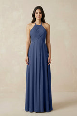 A-Line Halter Neck Pleated Chiffon Bridesmaid Dress in Navy - KISS BRIDAL BRIDESMAID DRESSES