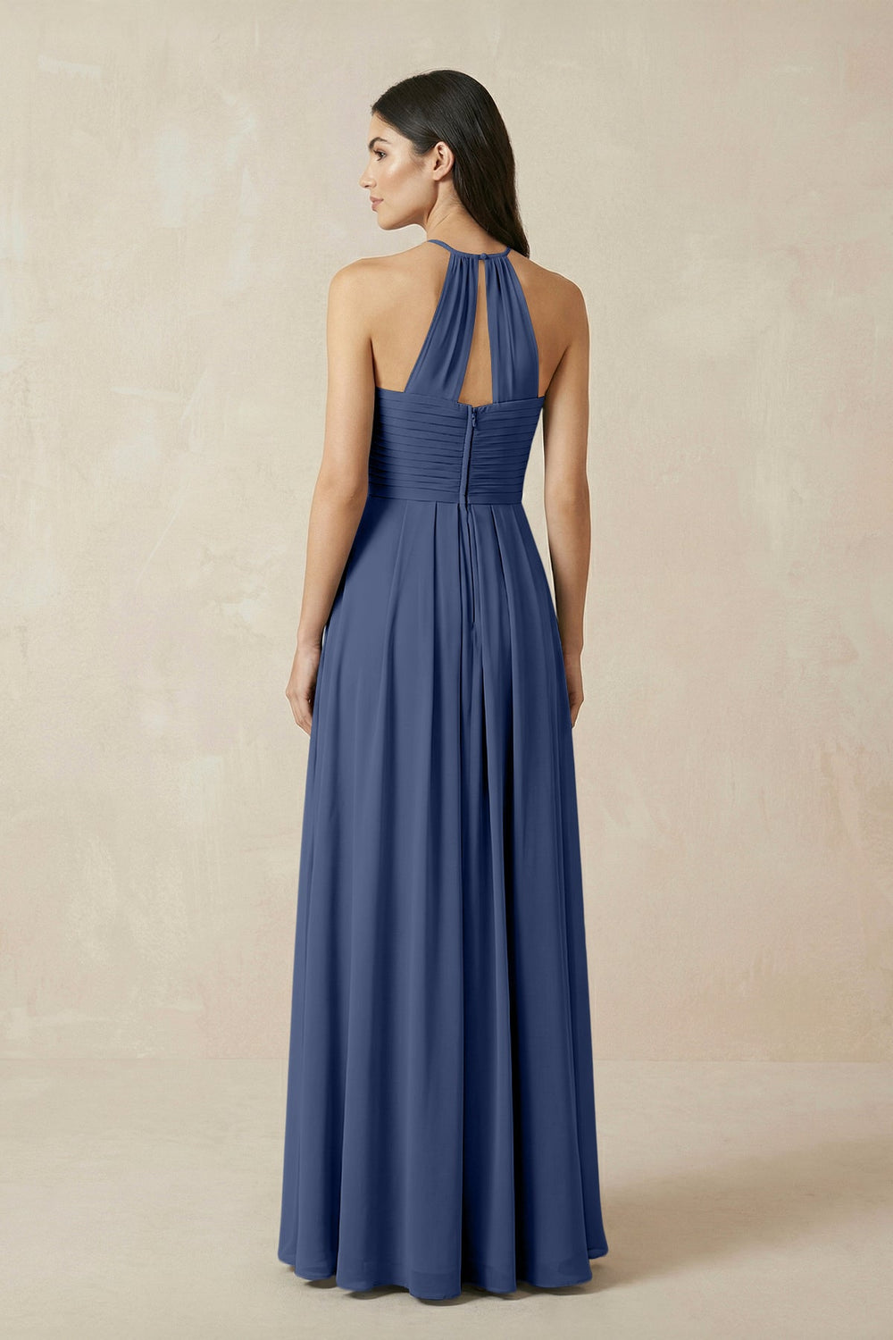 A-Line Halter Neck Pleated Chiffon Bridesmaid Dress in Navy - KISS BRIDAL BRIDESMAID DRESSES