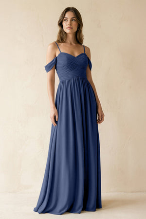 A-Line Off-the-Shoulder Pleated Chiffon Bridesmaid Dress in Navy - SHE IS ME BRIDESMAID DRESSES