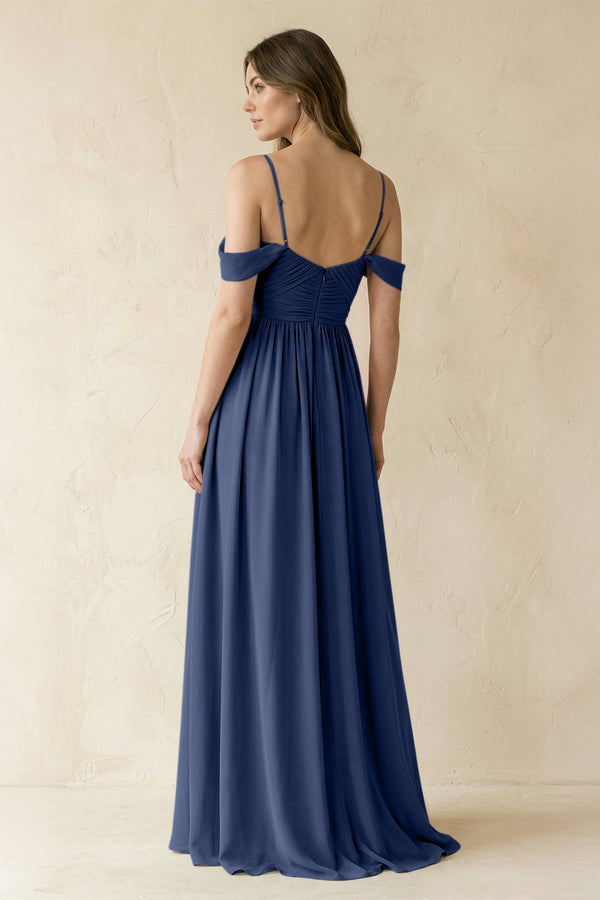 A-Line Off-the-Shoulder Pleated Chiffon Bridesmaid Dress in Navy - SHE IS ME BRIDESMAID DRESSES