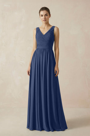 A-Line V-Neck Pleated Chiffon Bridesmaid Dress in Navy - SHE IS ME BRIDESMAID DRESSES