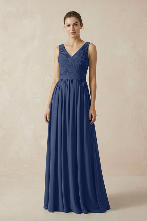 A-Line V-Neck Pleated Chiffon Bridesmaid Dress in Navy - SHE IS ME BRIDESMAID DRESSES