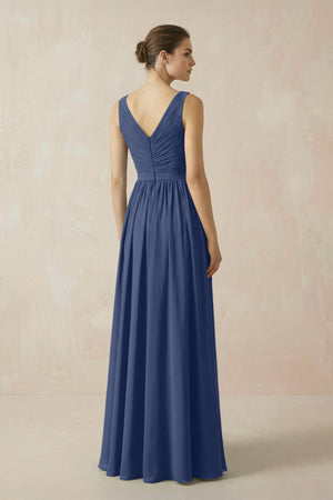 A-Line V-Neck Pleated Chiffon Bridesmaid Dress in Navy - SHE IS ME BRIDESMAID DRESSES