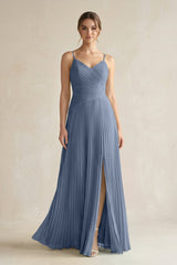 Pleated A-Line Long Chiffon Bridesmaid Dress in Neptune
