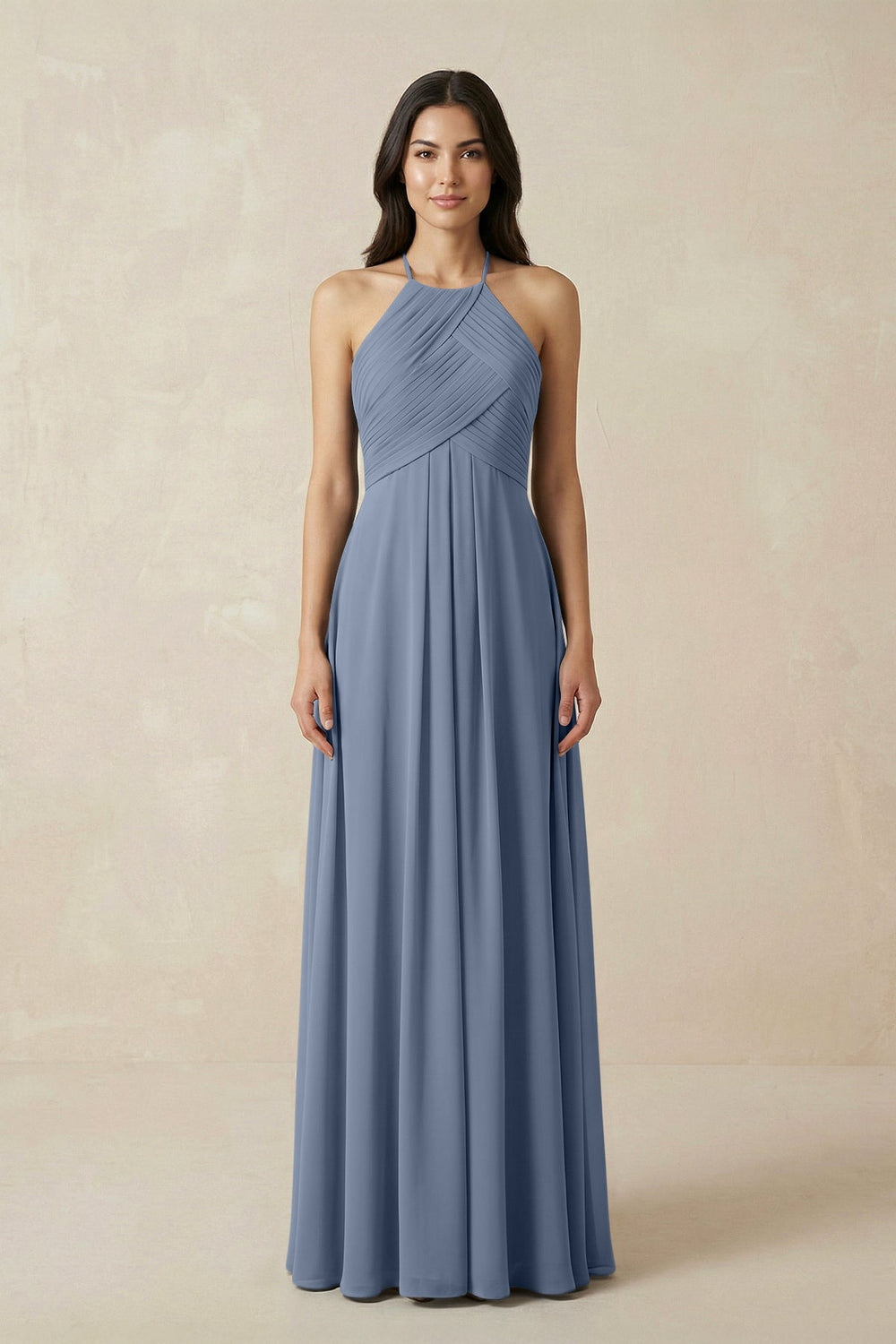 A-Line Halter Neck Pleated Chiffon Bridesmaid Dress in Neptune - KISS BRIDAL BRIDESMAID DRESSES