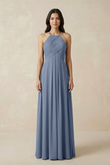A-Line Halter Neck Pleated Chiffon Bridesmaid Dress in Neptune - KISS BRIDAL BRIDESMAID DRESSES