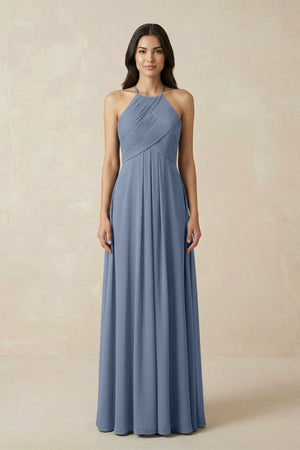 A-Line Halter Neck Pleated Chiffon Bridesmaid Dress in Neptune - KISS BRIDAL BRIDESMAID DRESSES