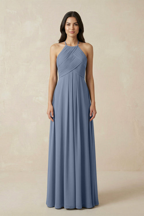 A-Line Halter Neck Pleated Chiffon Bridesmaid Dress in Neptune - KISS BRIDAL BRIDESMAID DRESSES