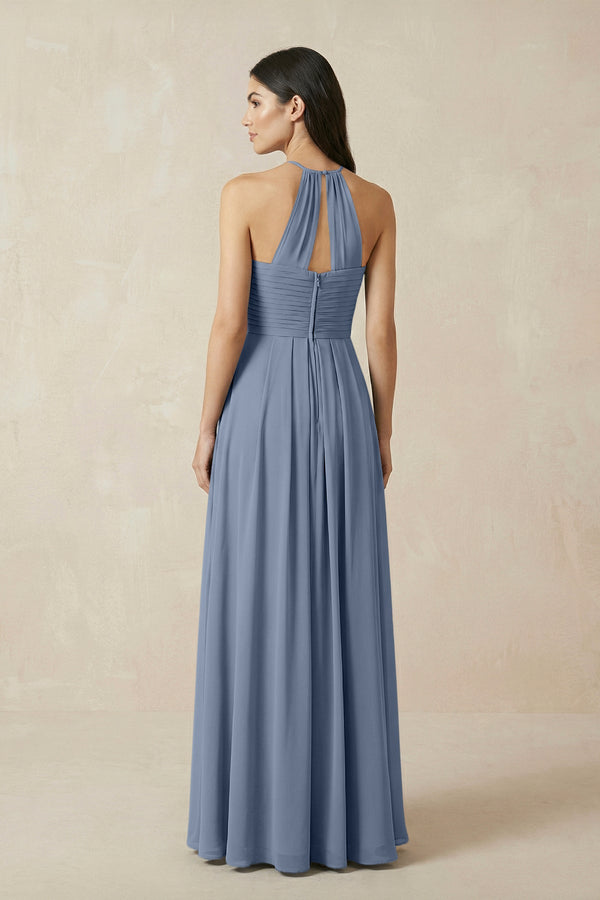 A-Line Halter Neck Pleated Chiffon Bridesmaid Dress in Neptune - KISS BRIDAL BRIDESMAID DRESSES