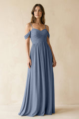 A-Line Off-the-Shoulder Pleated Chiffon Bridesmaid Dress in Neptune - KISS BRIDAL BRIDESMAID DRESSES