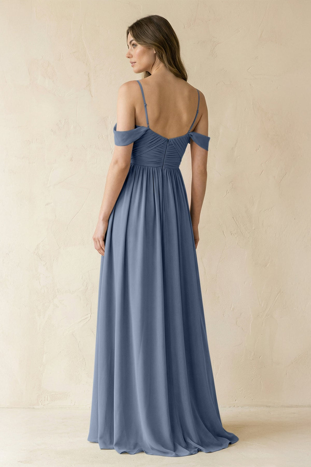 A-Line Off-the-Shoulder Pleated Chiffon Bridesmaid Dress in Neptune - KISS BRIDAL BRIDESMAID DRESSES