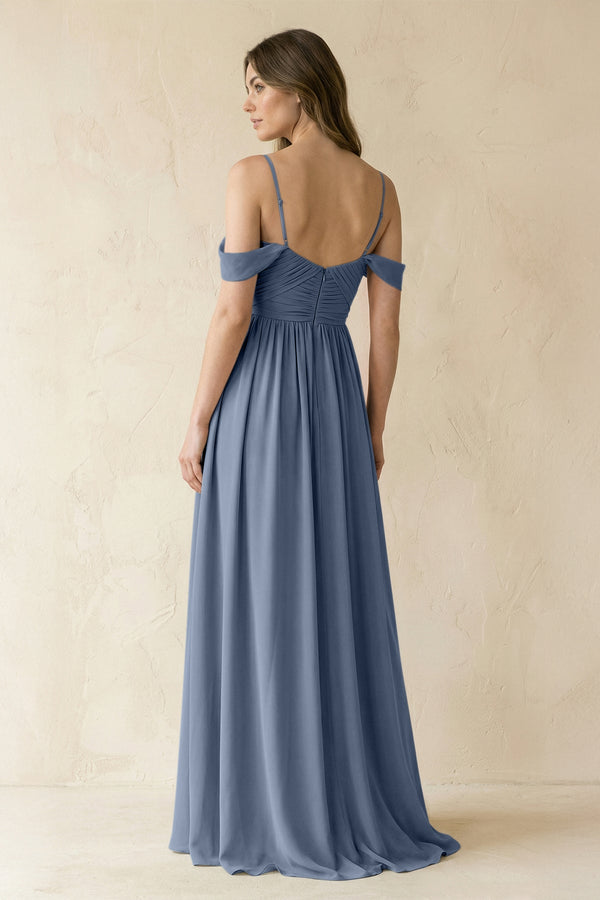 A-Line Off-the-Shoulder Pleated Chiffon Bridesmaid Dress in Neptune - SHE IS ME BRIDESMAID DRESSES