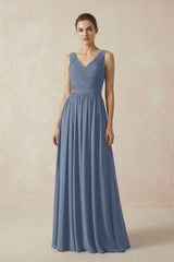 A-Line V-Neck Pleated Chiffon Bridesmaid Dress in Neptune - KISS BRIDAL BRIDESMAID DRESSES