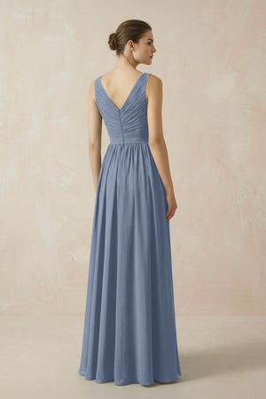A-Line V-Neck Pleated Chiffon Bridesmaid Dress in Neptune - SHE IS ME BRIDESMAID DRESSES