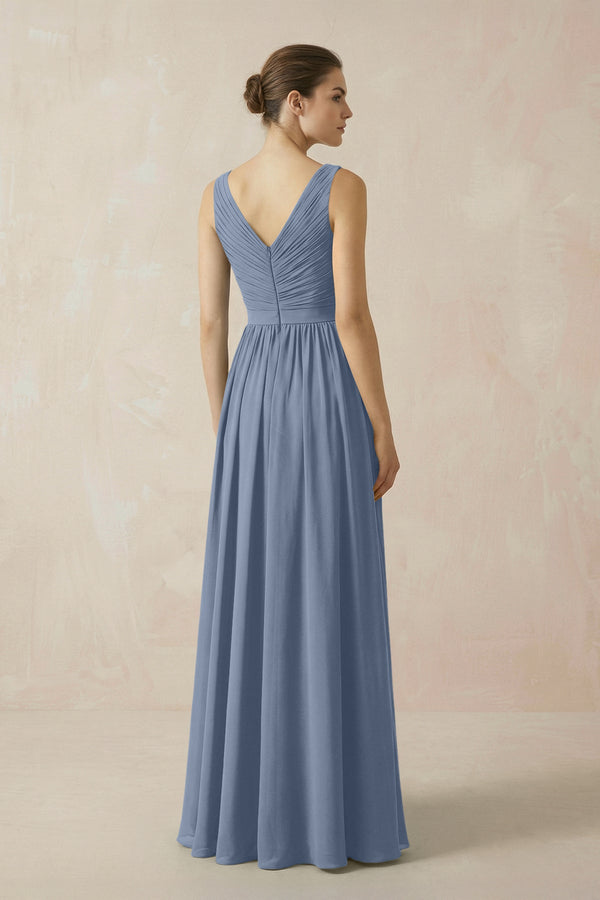 A-Line V-Neck Pleated Chiffon Bridesmaid Dress in Neptune - SHE IS ME BRIDESMAID DRESSES