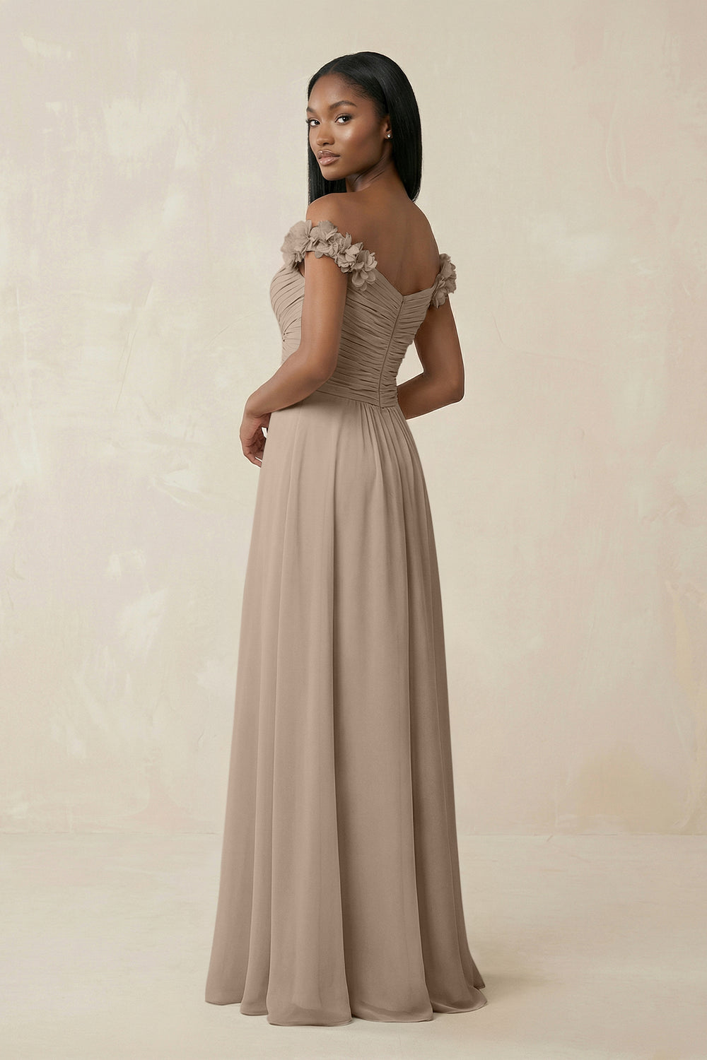 Pleated Off-the-Shoulder A-Line Chiffon Bridesmaid Dress in Almond