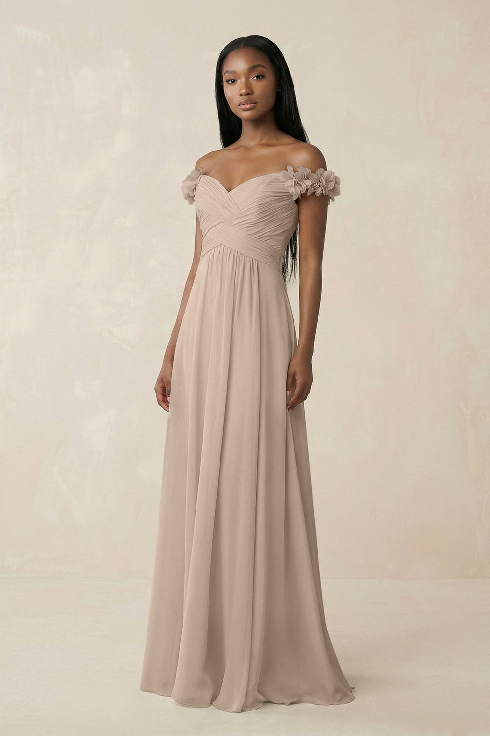 Pleated Off - the - Shoulder A - Line Chiffon Bridesmaid Dress in Almond - SHE IS ME Bridesmaid Dresses
