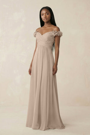 Pleated Off - the - Shoulder A - Line Chiffon Bridesmaid Dress in Almond - SHE IS ME Bridesmaid Dresses