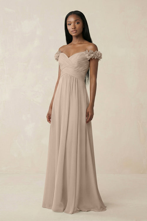 Pleated Off - the - Shoulder A - Line Chiffon Bridesmaid Dress in Almond - SHE IS ME Bridesmaid Dresses