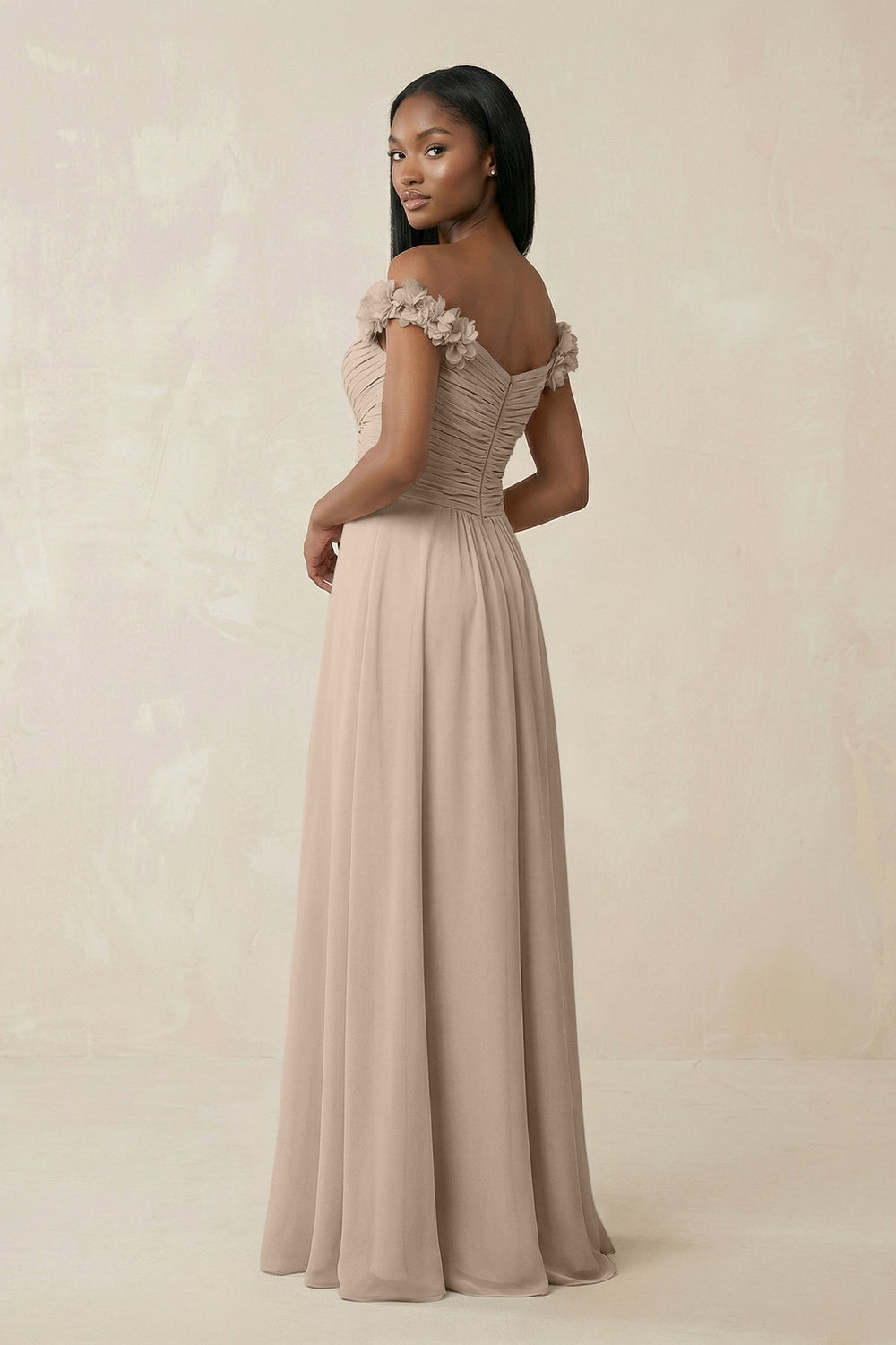 Pleated Off - the - Shoulder A - Line Chiffon Bridesmaid Dress in Almond - SHE IS ME Bridesmaid Dresses