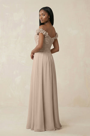 Pleated Off - the - Shoulder A - Line Chiffon Bridesmaid Dress in Almond - SHE IS ME Bridesmaid Dresses