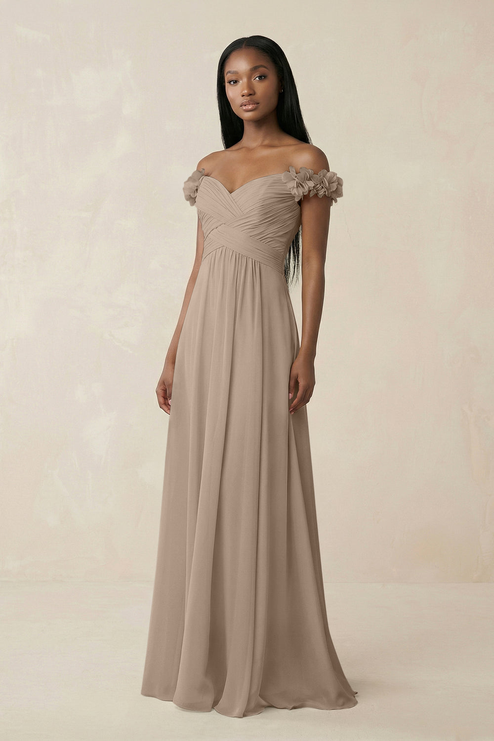 Pleated Off-the-Shoulder A-Line Chiffon Bridesmaid Dress in Almond