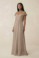 Pleated Off-the-Shoulder A-Line Chiffon Bridesmaid Dress in Almond | KISSBRIDAL
