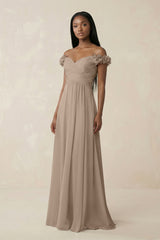 Pleated Off-the-Shoulder A-Line Chiffon Bridesmaid Dress in Almond | KISSBRIDAL