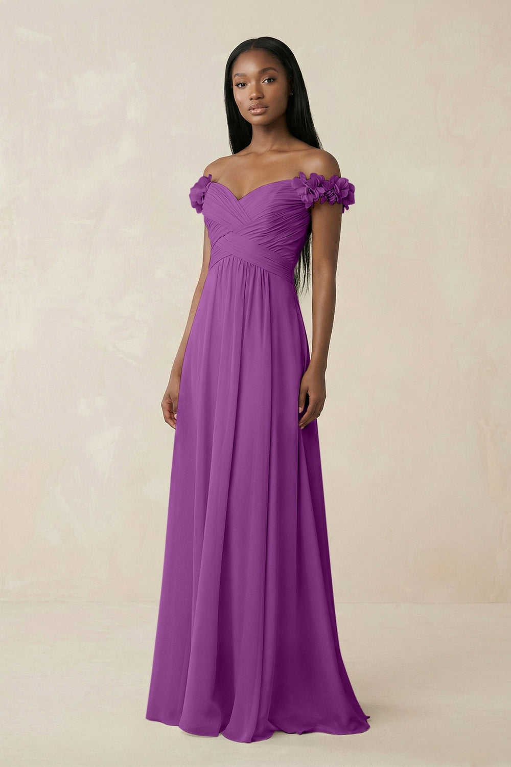 Pleated Off - the - Shoulder A - Line Chiffon Bridesmaid Dress in Amethyst - KISS BRIDAL Bridesmaid Dresses