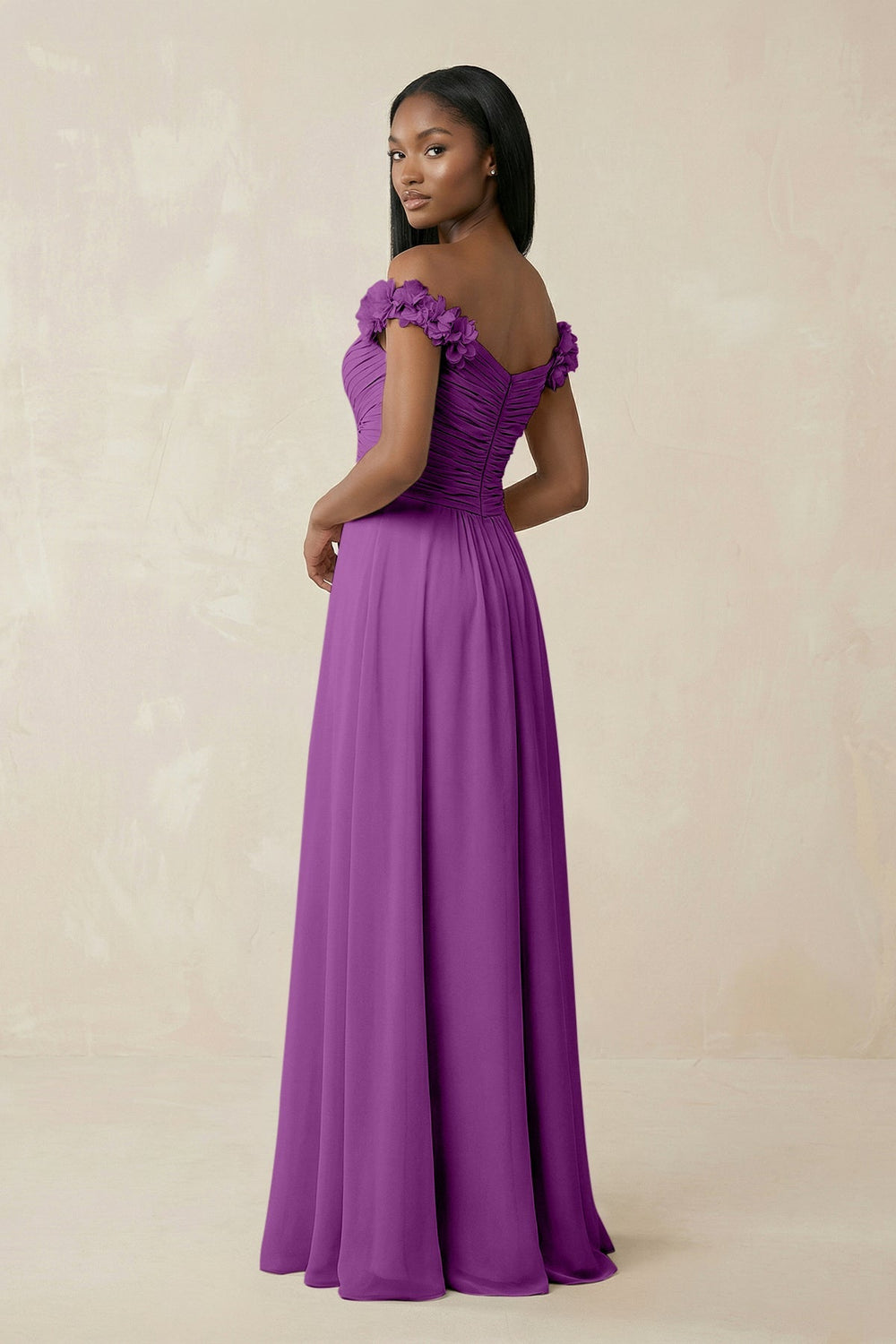 Pleated Off - the - Shoulder A - Line Chiffon Bridesmaid Dress in Amethyst - KISS BRIDAL Bridesmaid Dresses