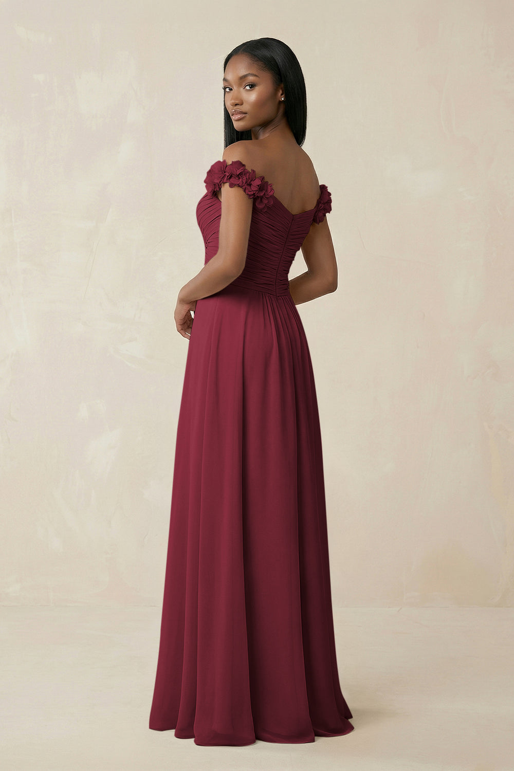 Pleated Off-the-Shoulder A-Line Chiffon Bridesmaid Dress in Berry