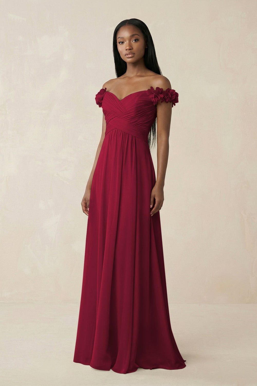 Pleated Off - the - Shoulder A - Line Chiffon Bridesmaid Dress in Berry - SHE IS ME Bridesmaid Dresses