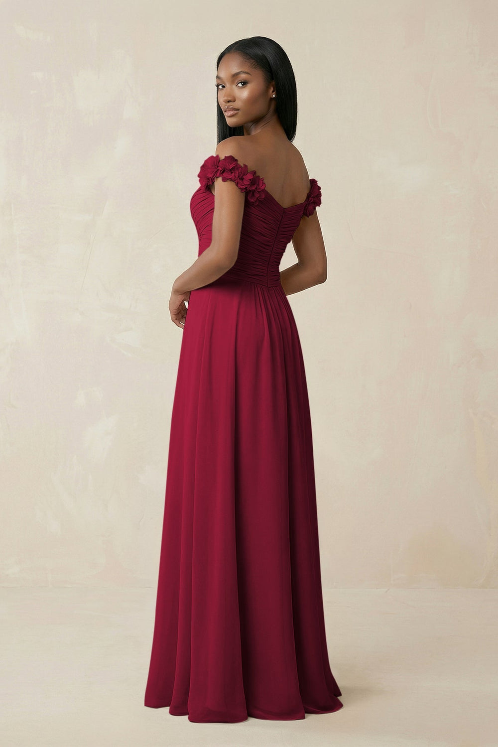 Pleated Off - the - Shoulder A - Line Chiffon Bridesmaid Dress in Berry - SHE IS ME Bridesmaid Dresses