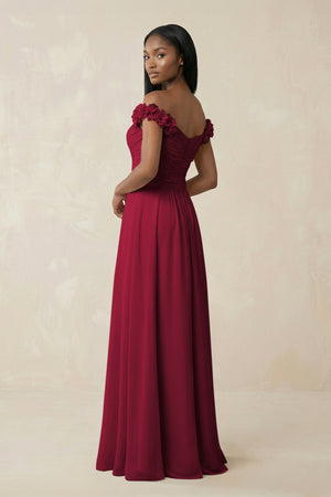 Pleated Off - the - Shoulder A - Line Chiffon Bridesmaid Dress in Berry - SHE IS ME Bridesmaid Dresses