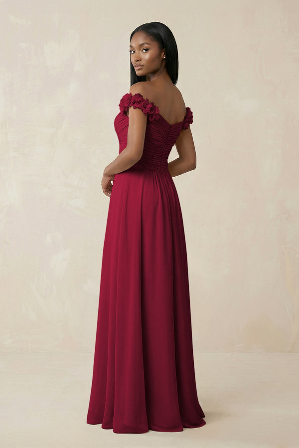 Pleated Off - the - Shoulder A - Line Chiffon Bridesmaid Dress in Berry - SHE IS ME Bridesmaid Dresses