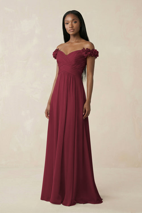 Pleated Off-the-Shoulder A-Line Chiffon Bridesmaid Dress in Berry | KISSBRIDAL