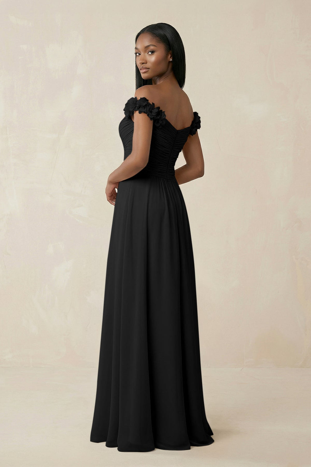 Pleated Off - the - Shoulder A - Line Chiffon Bridesmaid Dress in Black - KISS BRIDAL Bridesmaid Dresses