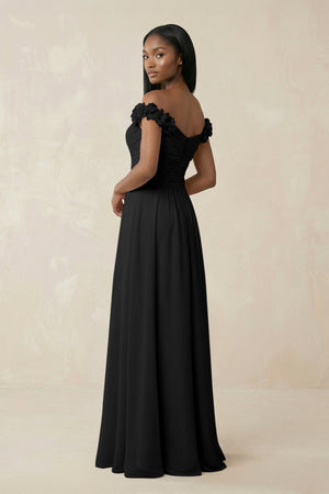 Pleated Off - the - Shoulder A - Line Chiffon Bridesmaid Dress in Black - SHE IS ME Bridesmaid Dresses