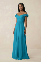 Pleated Off - the - Shoulder A - Line Chiffon Bridesmaid Dress in Blue Jay - KISS BRIDAL Bridesmaid Dresses