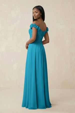 Pleated Off - the - Shoulder A - Line Chiffon Bridesmaid Dress in Blue Jay - SHE IS ME Bridesmaid Dresses